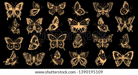 Set golden silhouettes of butterflies. Decorative abstract design element. Vector illustration