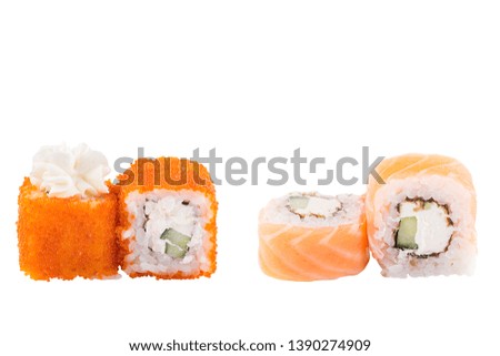 Classic sushi at white background. Japanese seafood sushi , roll a white background. Close up.