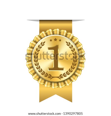 Award ribbon gold icon number first. Design winner golden medal 1 prize. Symbol best trophy, 1st success champion, one sport competition honor, achievement leadership, victory Vector illustration Royalty-Free Stock Photo #1390297805