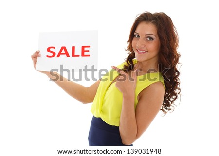 Young beautiful  woman with sale sign  on a white background.