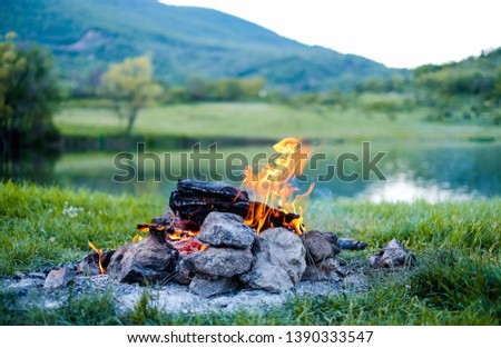 Burning fire in nature on the background of the lake