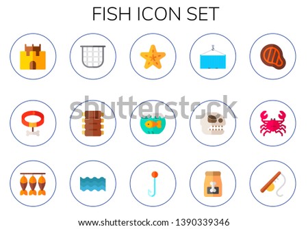 fish icon set. 15 flat fish icons.  Simple modern icons about  - sand castle, collar, net, ribs, starfish, aquarium, hook, fossil, meat, crab, dried fish, sea, dog food, fishing rod