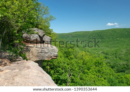 Landscape view from Whitaker Point rock cliff hiking trail, Ozark mountains, nwa northwest arkansas Royalty-Free Stock Photo #1390353644