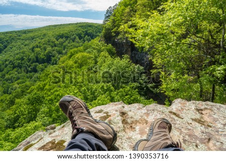 Landscape view from Whitaker Point rock cliff hiking trail, Ozark mountains, nwa northwest arkansas Royalty-Free Stock Photo #1390353716