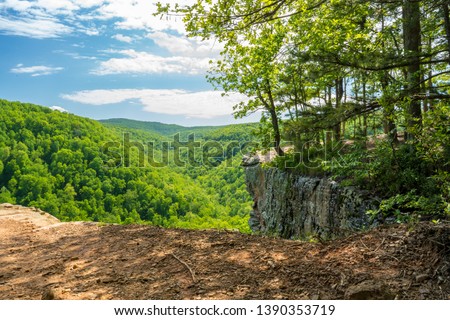 Landscape view from Whitaker Point rock cliff hiking trail, Ozark mountains, nwa northwest arkansas Royalty-Free Stock Photo #1390353719