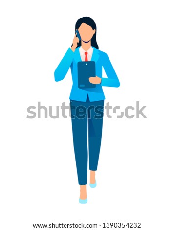Character businesswoman talking on phone running office worker vector illustration isolated on white background