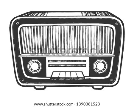 Old vintage radio receiver device sketch engraving raster illustration. Scratch board style imitation. Black and white hand drawn image.