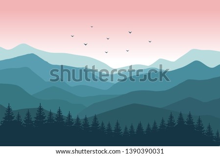 Mountain landscape with blue silhouettes of forest trees mountains and hills. Sunrise. Panoramic mountain view. Vector illustration.