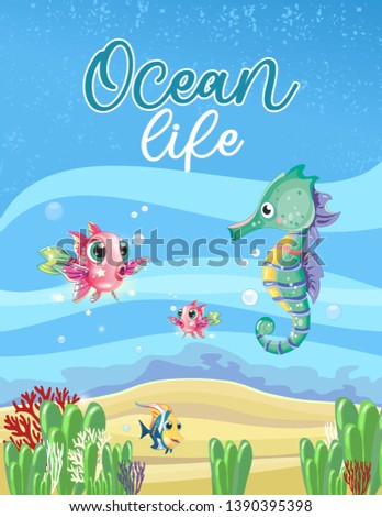 cute fish swim in the ocean, life in the ocean, under water, cover, fish, seahorse, blue background, character, cartoon, for children, illustration for children