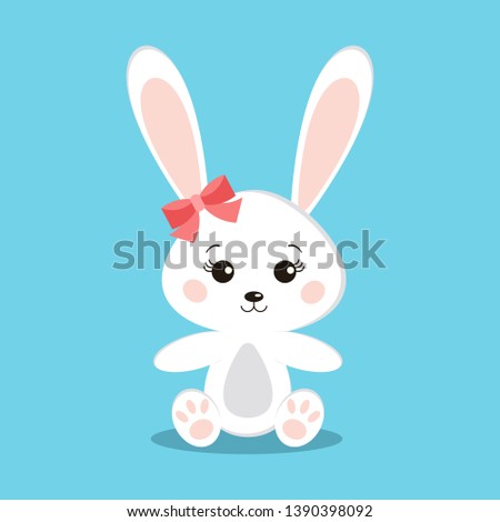 Isolated cute and sweet white rabbit girl in sitting pose with pink bow on blue background in cartoon flat style. Vector funny toy character children's design illustration. 