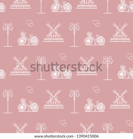 Seamless pattern with windmill, bicycle, lantern. Travel and leisure. Design for banner and print.