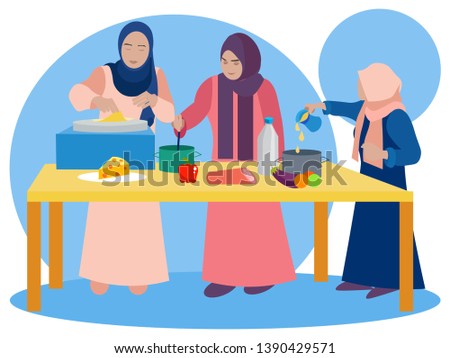 Muslim women are cooking in the kitchen. Teaching daughters national recipes. In minimalist style Cartoon flat Vector Illustration
