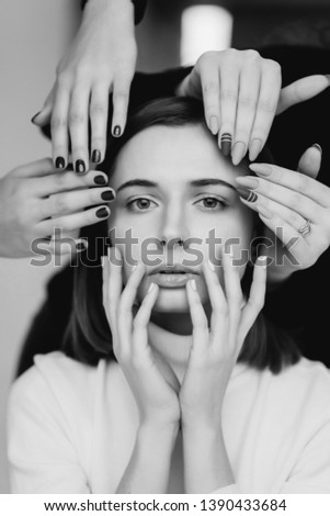 Girl face and hands that make different beauty salon service
