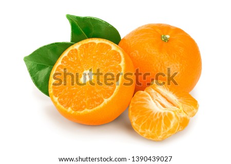 tangerine or mandarin fruit with leaves isolated on white background Royalty-Free Stock Photo #1390439027