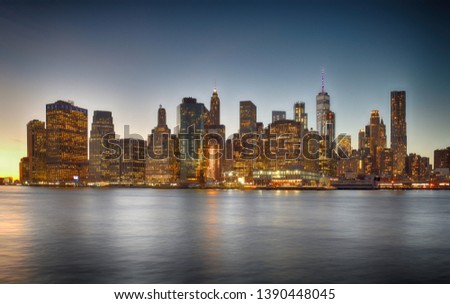 An evening view of Lower Manhattan skyline.