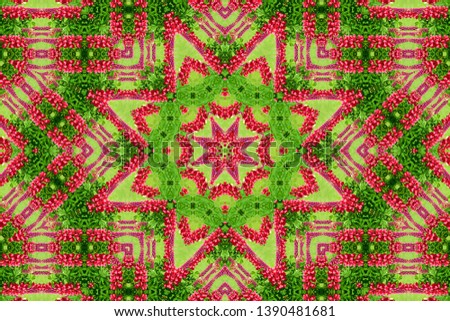 abstract background of flower pattern of a kaleidoscope. red green background fractal mandala. abstract kaleidoscopic arabesque. geometrical ornament  floral pattern