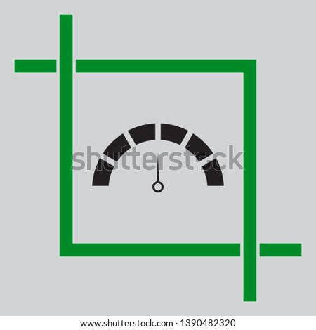 Speedometer sign illustration. Black icon inside green crop tool at light gray background