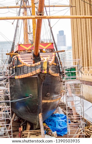The golden hinde ship in london made of wood and other parts in uk