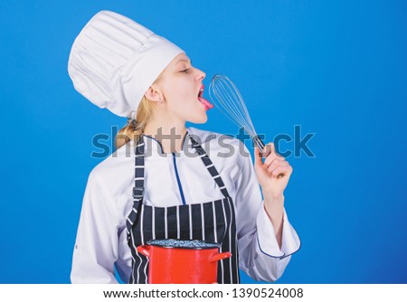 Whipping like pro. Girl in apron whipping eggs or cream. Start slowly whisking whipping or beating cream. Whipping cream tips and tricks. Use hand whisk. Woman professional chef hold whisk and pot.