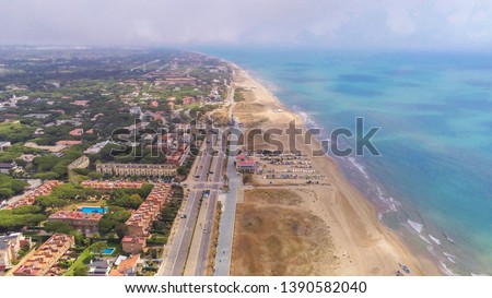 Aerial view in Castelldefels, coastal village of Barcelona. Drone Photo