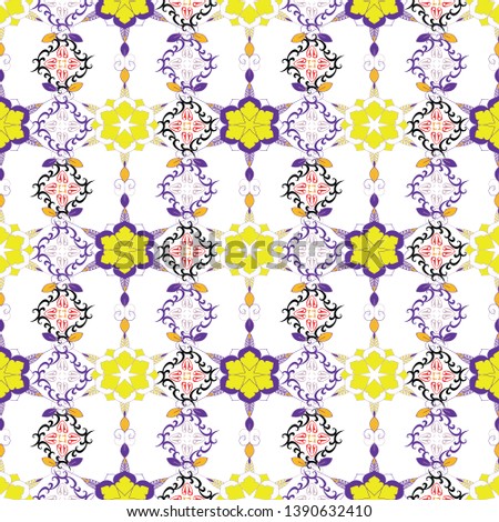 SEAMLESS COLORED ORNATE PATTERN WITH BRIGHT FLORAL ELEMENTS. MANDALA TEXTURE. VECTOR TEMPLATE FOR FABRIC, WALLPAPER, TILE, WRAPPING, COVERS AND CARPETS.
