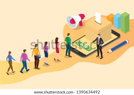 isometric 3d online vote concept with people queued up in line with smartphone voting and box votes - vector illustration Royalty-Free Stock Photo #1390634492
