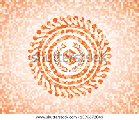 laurel wreath with money symbol inside icon inside orange mosaic emblem
