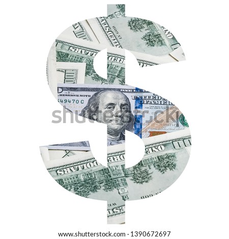 The dollar sign symbol is made of money on a white background.