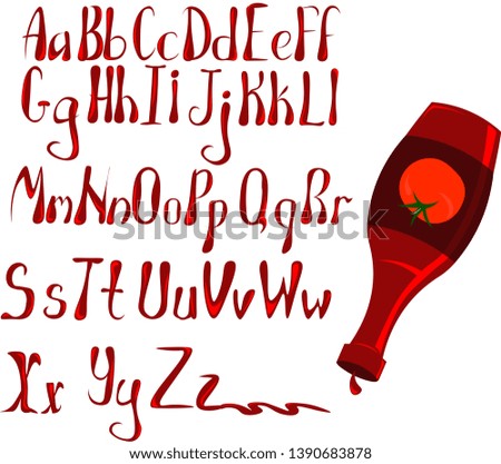Alphabet from ketchup. Letters for decoration of the menu, cafe, fast food, products.
