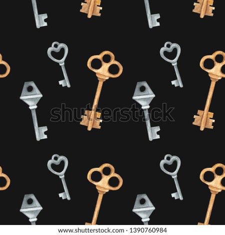 Seamless background pattern with watercolor drawings of vintage keys. Antiques key cover for your design. Hand watercolor painted illustration on dark background
