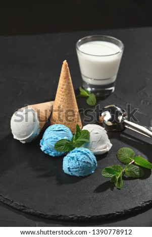 Close-up shot of a creamy and blueberry ice cream served on a dark slate, black background.