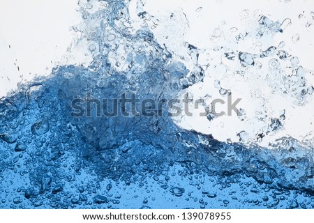 Water splash, abstract dynamic horizontal water splash with bubbles of air, isolated on white background  - close up with space for copy and text