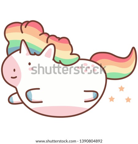 Cute flying unicorn with rainbow hair. Vector cartoon character isolated on a white background.
