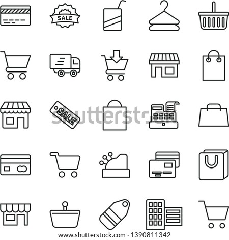 thin line vector icon set - paper bag vector, grocery basket, bank card, e, city block, cart, put in, with handles, cards, kiosk, hanger, label, stall, shopping, reverse side of a, hand, cashbox Royalty-Free Stock Photo #1390811342