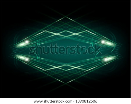 Abstract neon light radius. shine circles round frame with neon light lines glowing green. Radius luminous swirling on black background. Vector illustration.