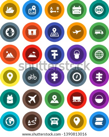 White Solid Icon Set- camping cauldron vector, backpack, compass, school bus, world, bike, signpost, navigator, earth, map pin, Railway carriage, plane, ship, route, globe, mountain