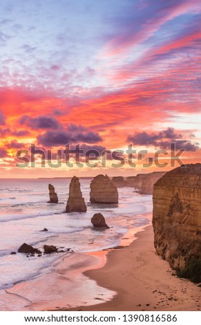 Stunning sunset at Twelve Apostles, Great Ocean Road, Victoria, Australia Royalty-Free Stock Photo #1390816586