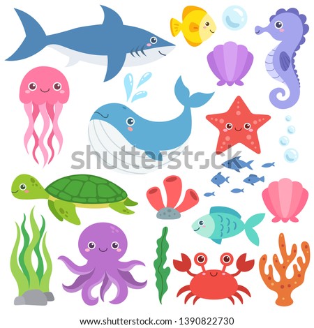 Cute ocean animals vector set. Sea creatures cartoon characters, marine life clip art collection. Whale, shark, jellyfish, crab, octopus, seahorse, seashells, coral reef, sea turtle, starfish.