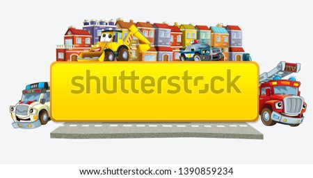 cartoon scene with banner - title page with city facade cars and street with police fire brigade ambulance and digger - illustration for children