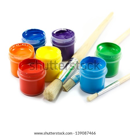 Colorful paints and artist brushes Royalty-Free Stock Photo #139087466