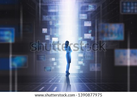Woman using virtual telecommunication digital interface. Concept of computer engineering, modern technology and business. Toned image double exposure blur