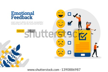 Emotional feedback with emoticons and checklists on smartphones vector illustration concept can be use for, landing page, template, ui ux, web, mobile app, poster, banner, website, flyer, ads Royalty-Free Stock Photo #1390886987