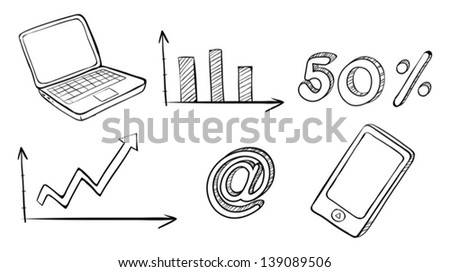 Illustration of a laptop, graph, phone and other symbols on a white background