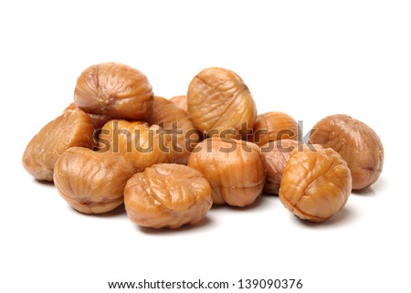 chinese food, peeled roasted chestnut on white background Royalty-Free Stock Photo #139090376