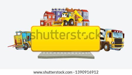 cartoon scene with banner - title page with city facade cars and street excavator concrete mixer and forklift - illustration for children