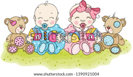 Baby boy and girl sitting on garden with teddies
