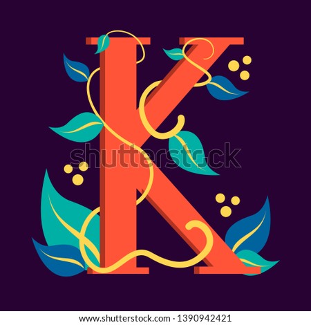 Letter symbol K. Design of logotype with leaf. Graphic design and branding, creative typescript. Abstract alphabet.