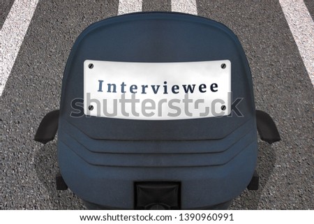 Recruitment human resources concept poster. Text INTERVIEWEE. Office chair on marked runway or highway in start position. Car ID plate on back with inscription