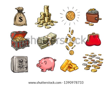 Cartoon finance money set. Sack of dollars, stack of coins, coin with dollar sign, treasure chest, stack of bills, falling coins, bank safe, piggy bank, gold bars, purse, wallet. Hand drawn vector.