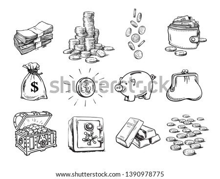 Sketch of finance money set. Sack of dollars, stack of coins, coin with dollar sign, treasure chest, stack of bills, falling coins, bank safe, piggy bank, gold bars, purse, wallet. Hand drawn vector.